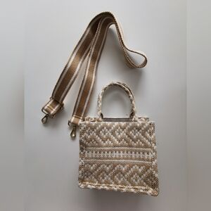 H&M Beige & White Small Square Top Handle Bag With Detachable & Adjustable Strap